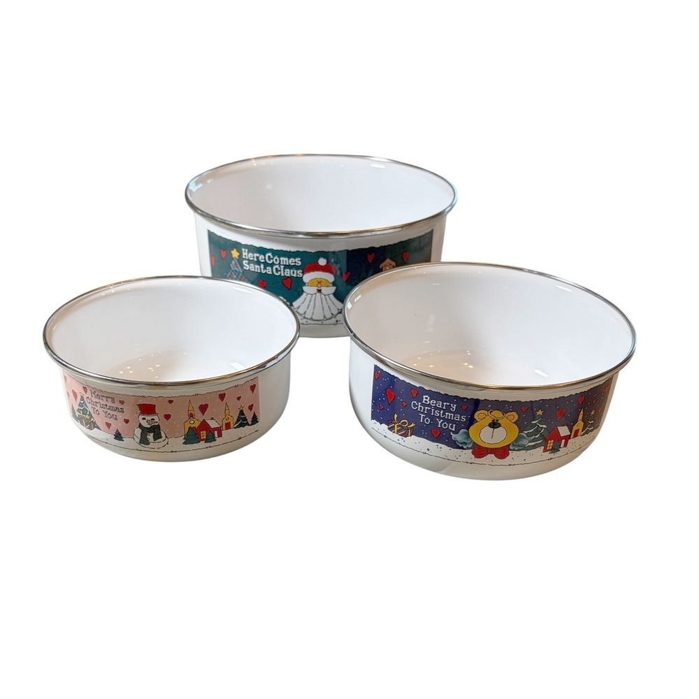 Vintage Christmas Enamelware Nesting Bowls Sets of 3 Santa Bear Holiday Kitchen